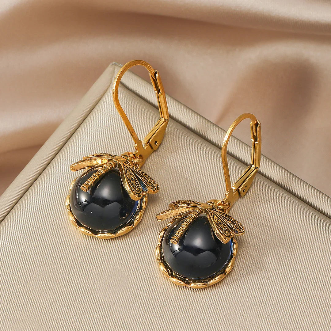 Boucles d'Oreilles Sphériques de Libellule en Argent Vieilli