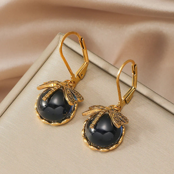 Boucles d'Oreilles Sphériques de Libellule en Argent Vieilli