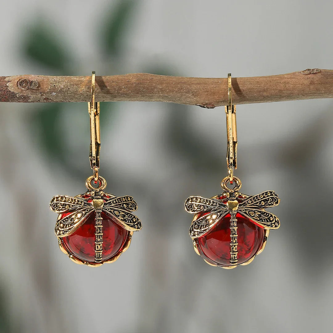 Boucles d'Oreilles Sphériques de Libellule en Argent Vieilli