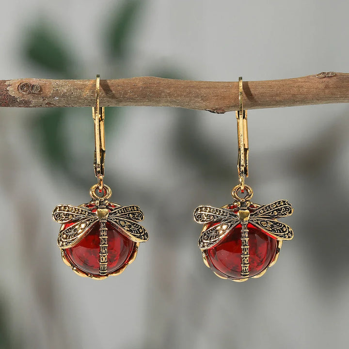 Boucles d'Oreilles Sphériques de Libellule en Argent Vieilli