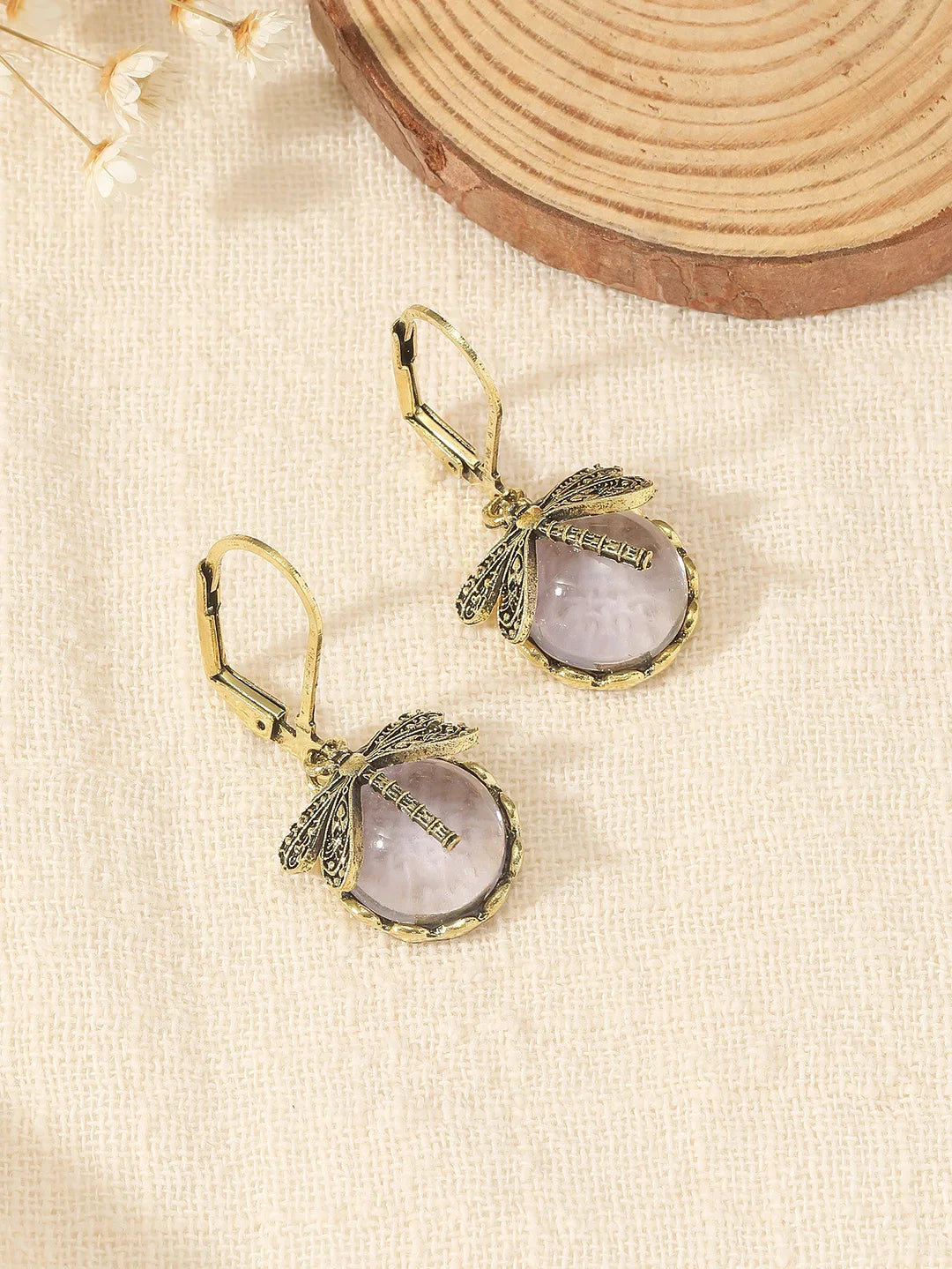 Boucles d'Oreilles Sphériques de Libellule en Argent Vieilli