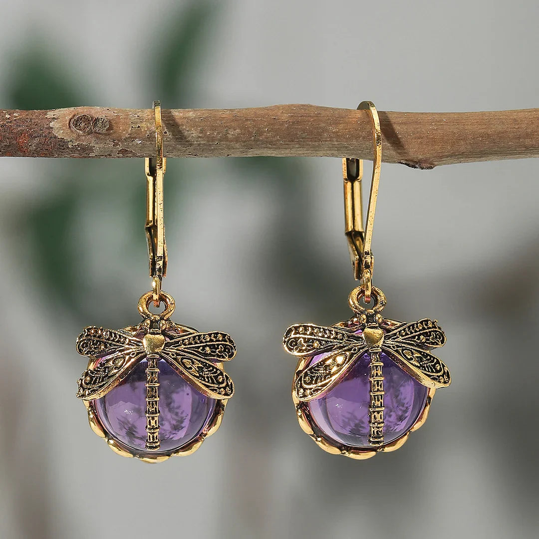 Boucles d'Oreilles Sphériques de Libellule en Argent Vieilli