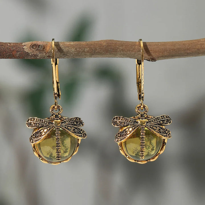 Boucles d'Oreilles Sphériques de Libellule en Argent Vieilli