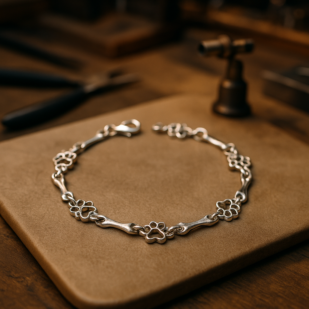 Bracelet avec Pendentifs de Patte de Chien et Os en Argent Pur, Édition Limitée