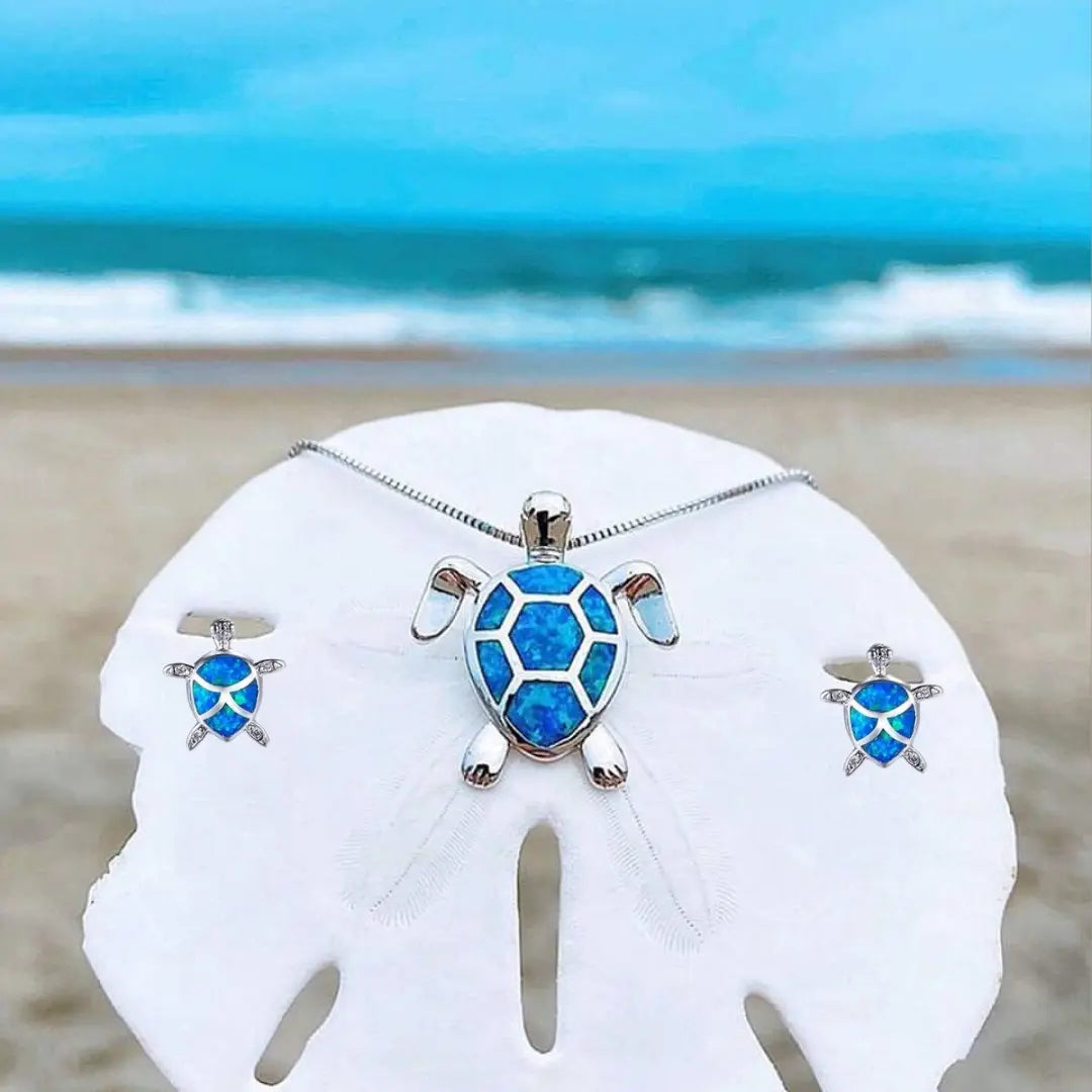 Ensemble de Collier et Boucles d'Oreilles en Tortue de Mer en Opale et Argent