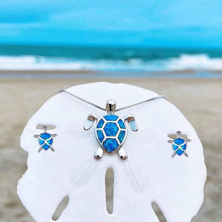 Ensemble de Collier et Boucles d'Oreilles en Tortue de Mer en Opale et Argent