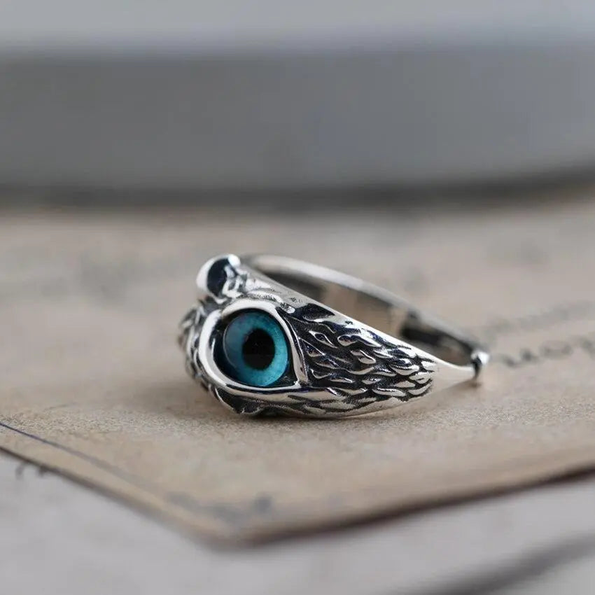 Bague Ajustable Chouette de Bonheur en Argent avec Opale