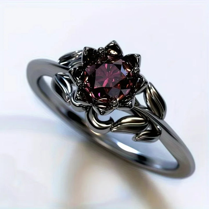 Bague Vintage avec Fleur en Pierre Rouge