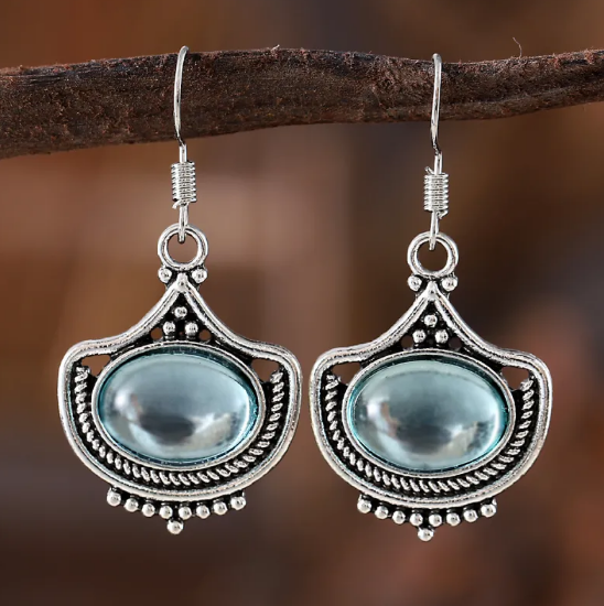 Ensemble Vintage de Collier et Boucles d'Oreilles avec Pierres Précieuses Ovales Bleues