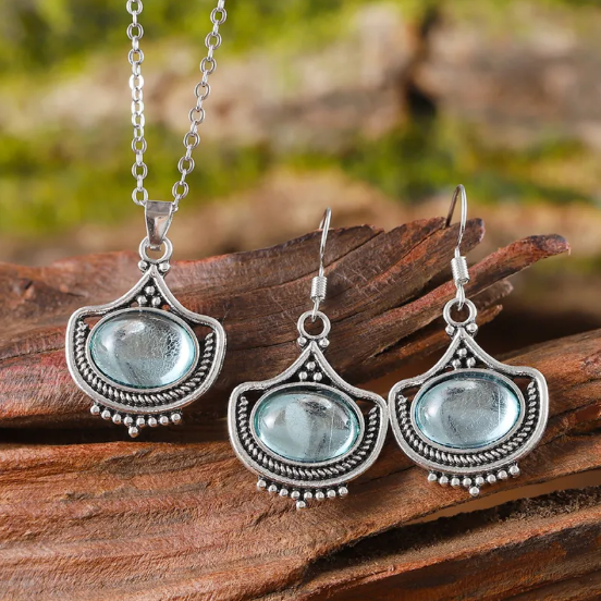 Ensemble Vintage de Collier et Boucles d'Oreilles avec Pierres Précieuses Ovales Bleues
