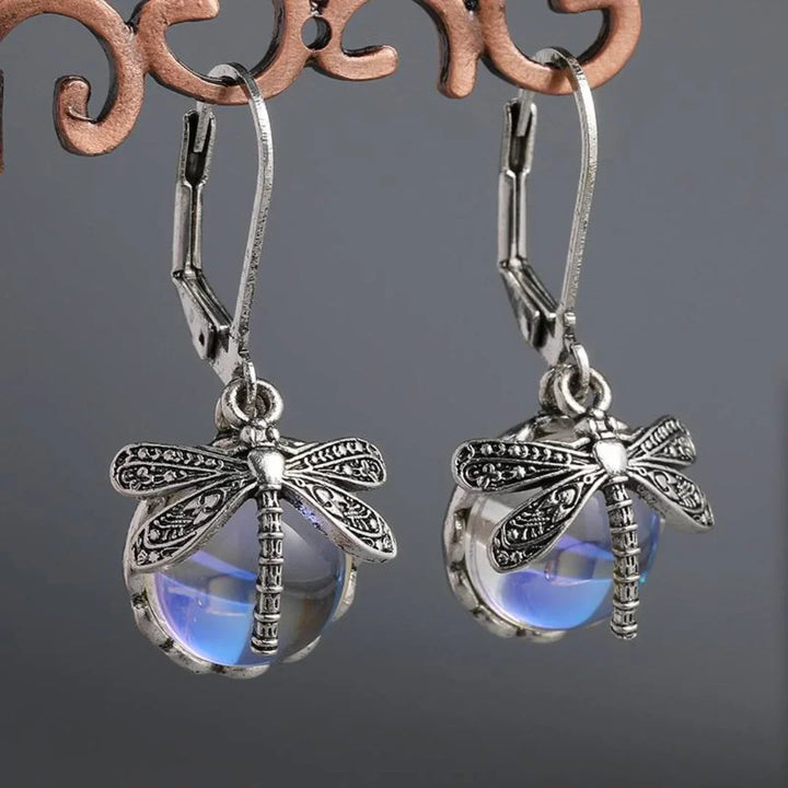 Boucles d'Oreilles Sphériques de Libellule en Argent Vieilli