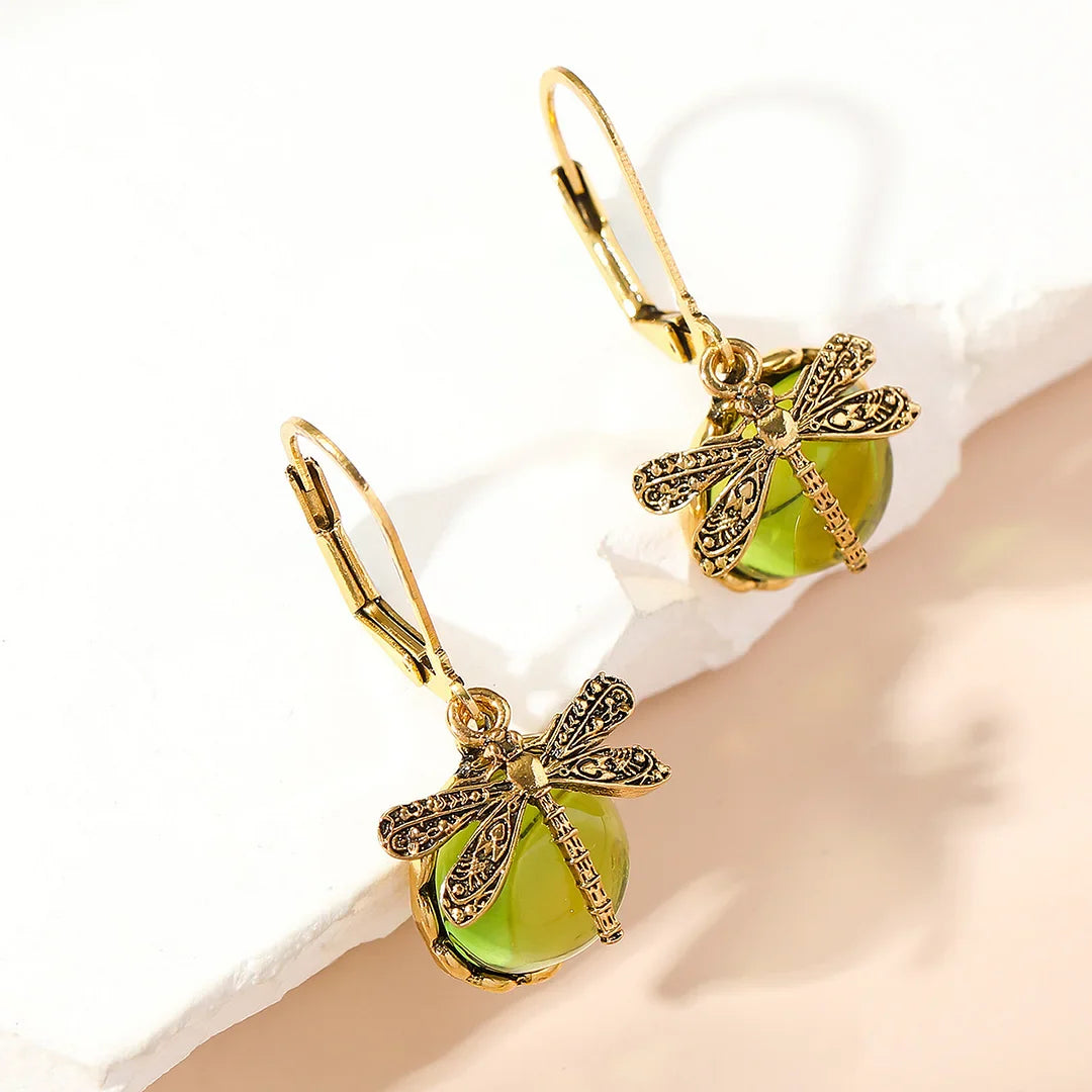 Boucles d'Oreilles Sphériques de Libellule en Argent Vieilli