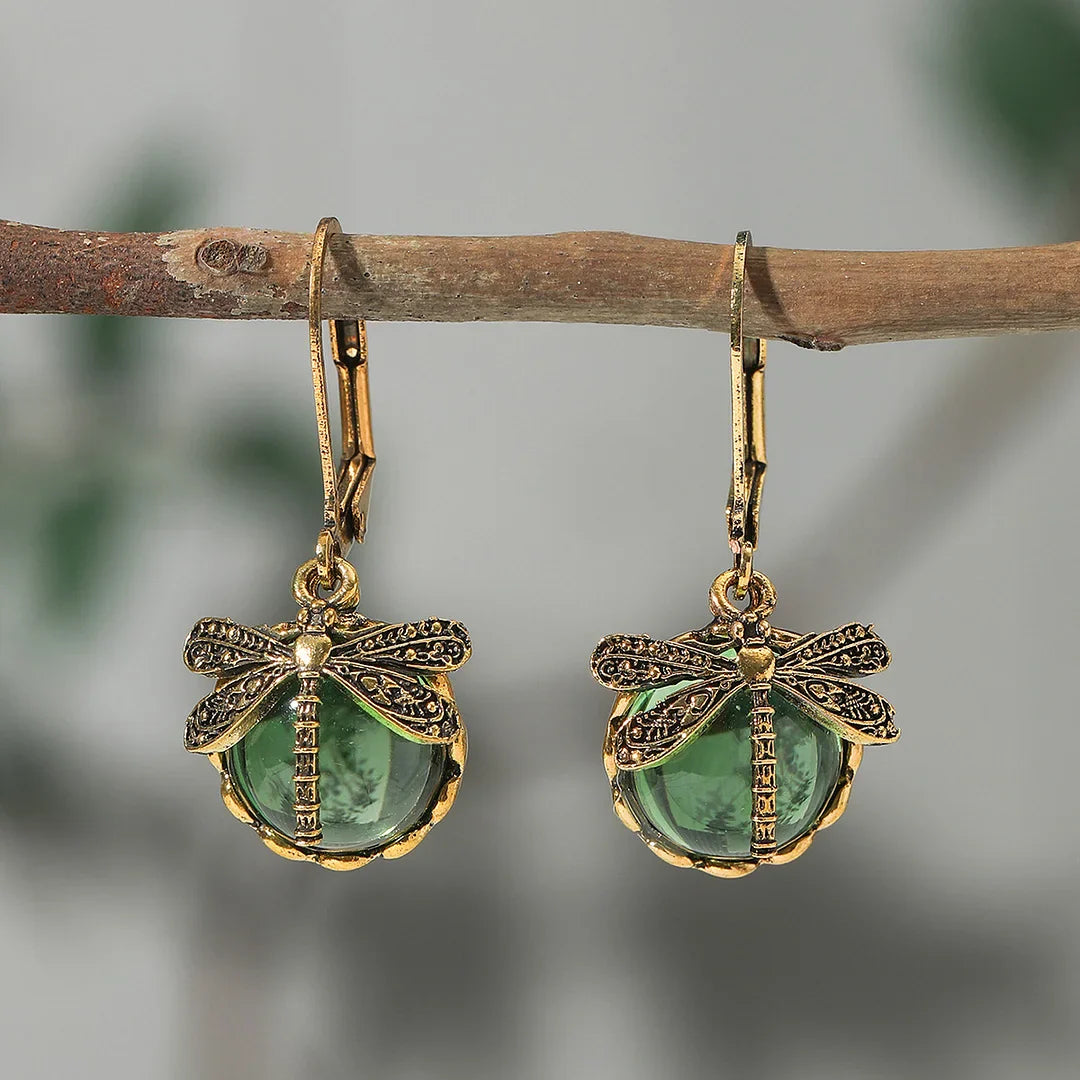 Boucles d'Oreilles Sphériques de Libellule en Argent Vieilli
