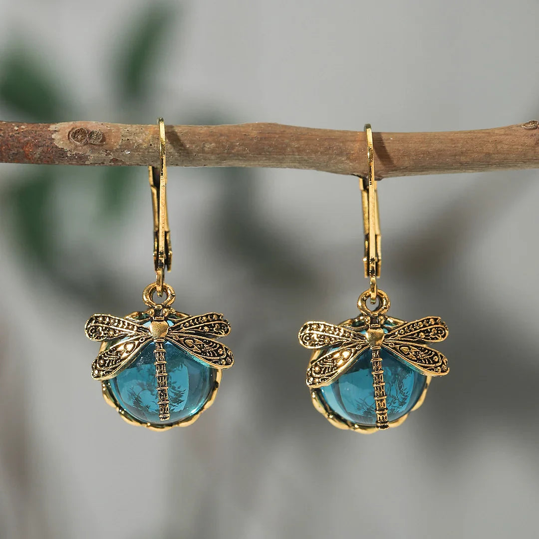Boucles d'Oreilles Sphériques de Libellule en Argent Vieilli