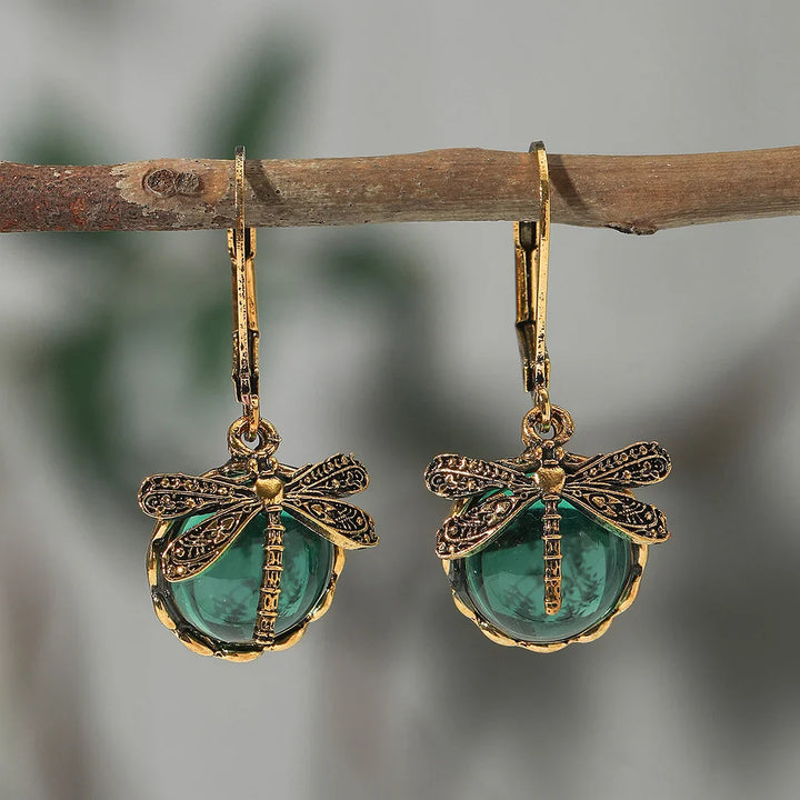 Boucles d'Oreilles Sphériques de Libellule en Argent Vieilli