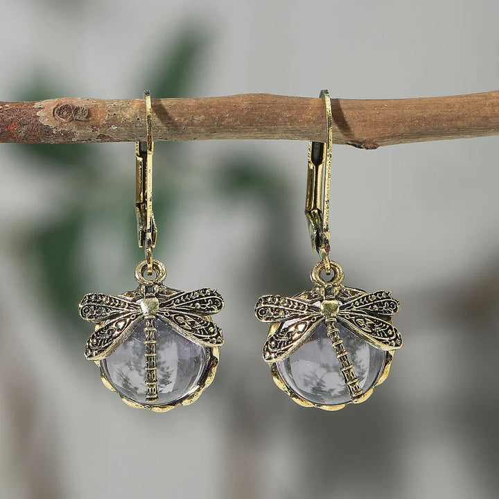 Boucles d'Oreilles Sphériques de Libellule en Argent Vieilli