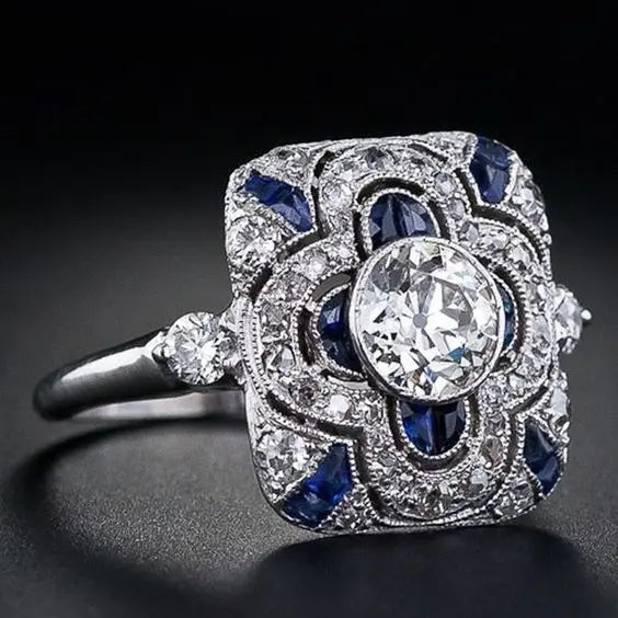 Bague Vintage en Argenté avec Zirconia Bleue