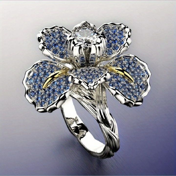 Bague en Argent avec Fleur Bleue et Cristal