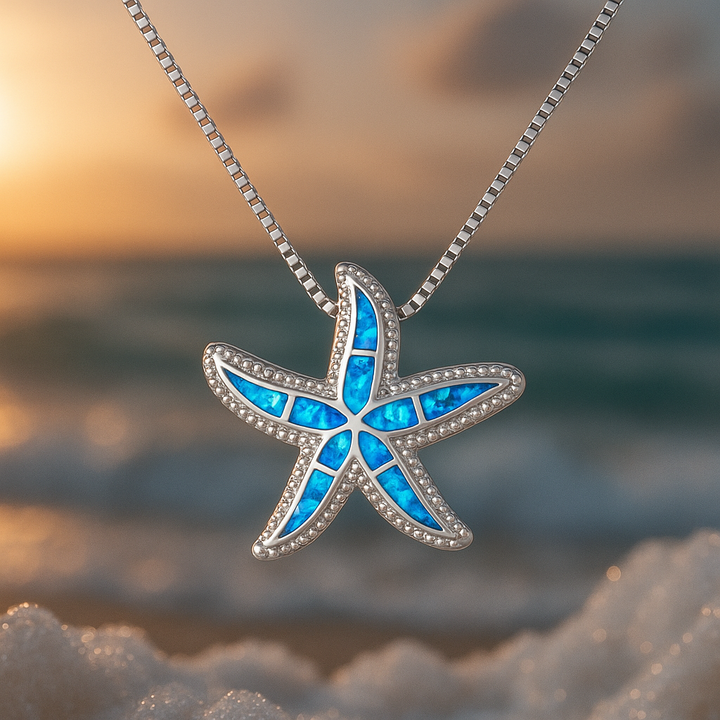 Collier Argenté avec Étoile de Mer Bleue Brillante et Opale