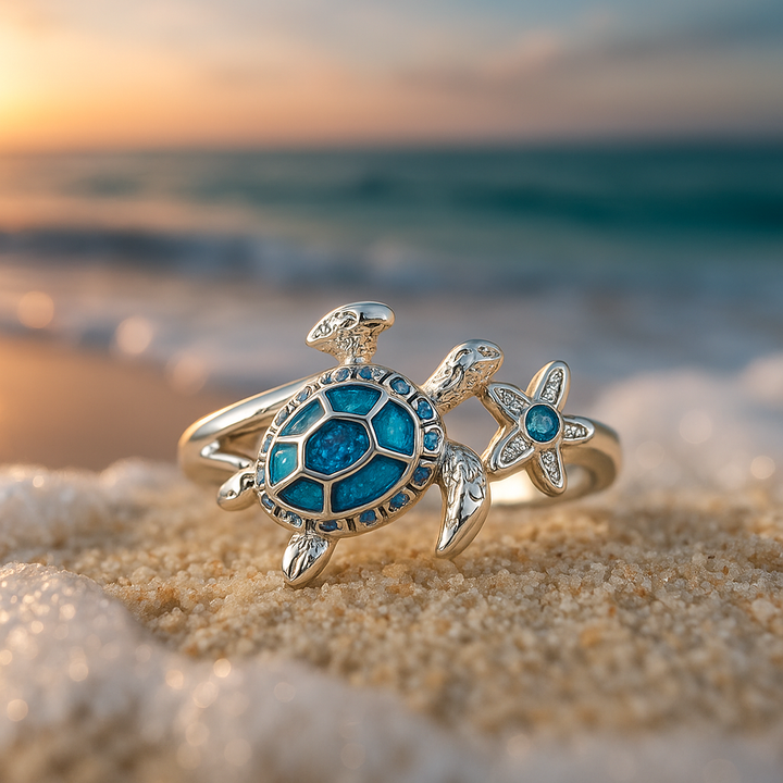 Bague Argentée avec Tortue et Opale Bleue