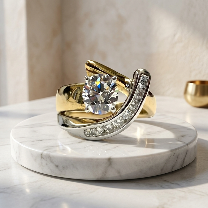 Karla – Bague asymétrique vintage effet or et argent avec zirconiums