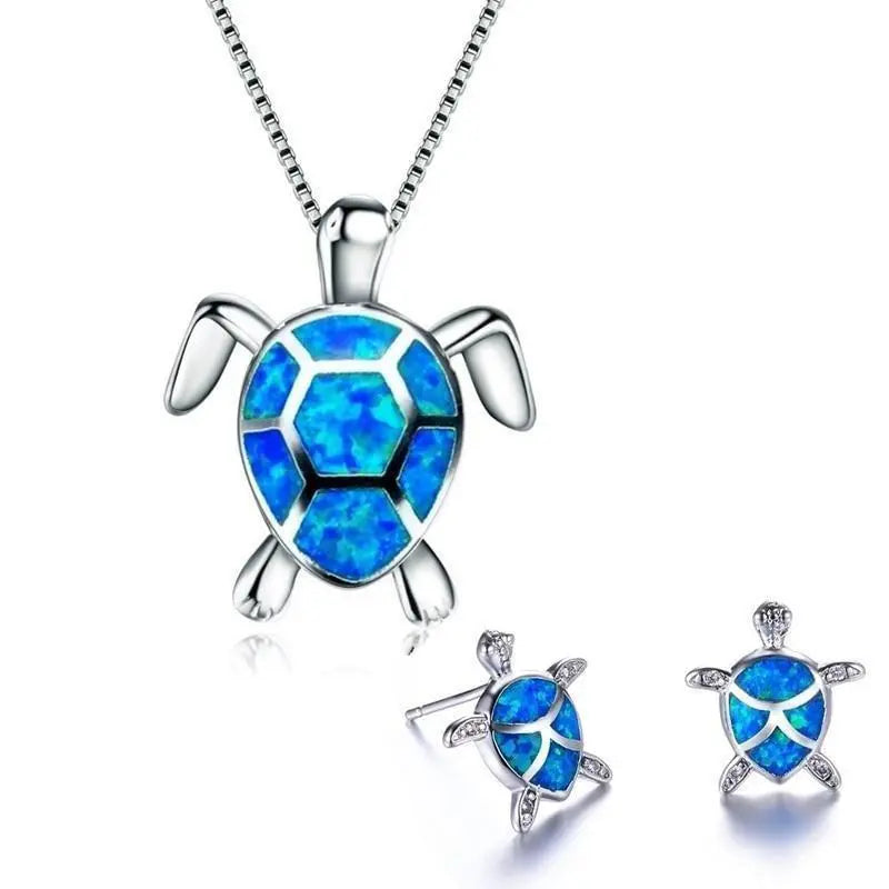 Ensemble de Collier et Boucles d'Oreilles en Tortue de Mer en Opale et Argent