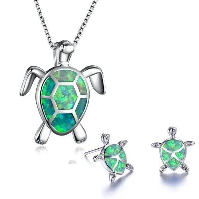 Ensemble de Collier et Boucles d'Oreilles en Tortue de Mer en Opale et Argent