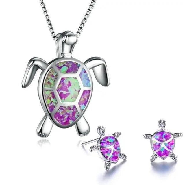 Ensemble de Collier et Boucles d'Oreilles en Tortue de Mer en Opale et Argent