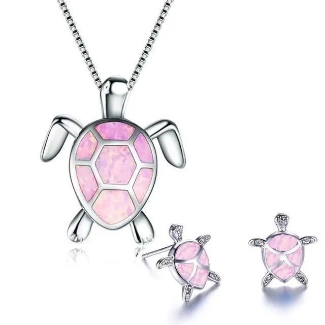 Ensemble de Collier et Boucles d'Oreilles en Tortue de Mer en Opale et Argent